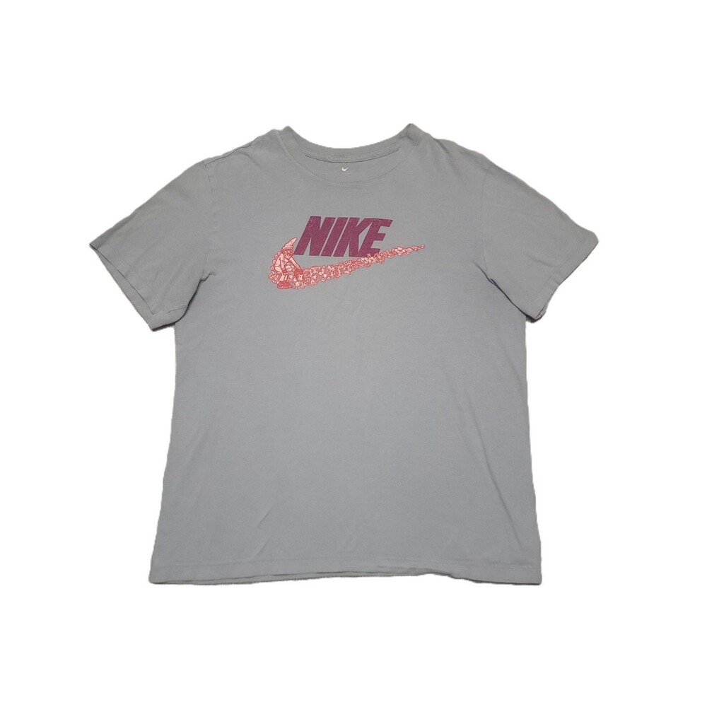 Nike Graphic T Shirt Mens Size M Gnome Floral Swoosh Short Sleeve Gray Cotton